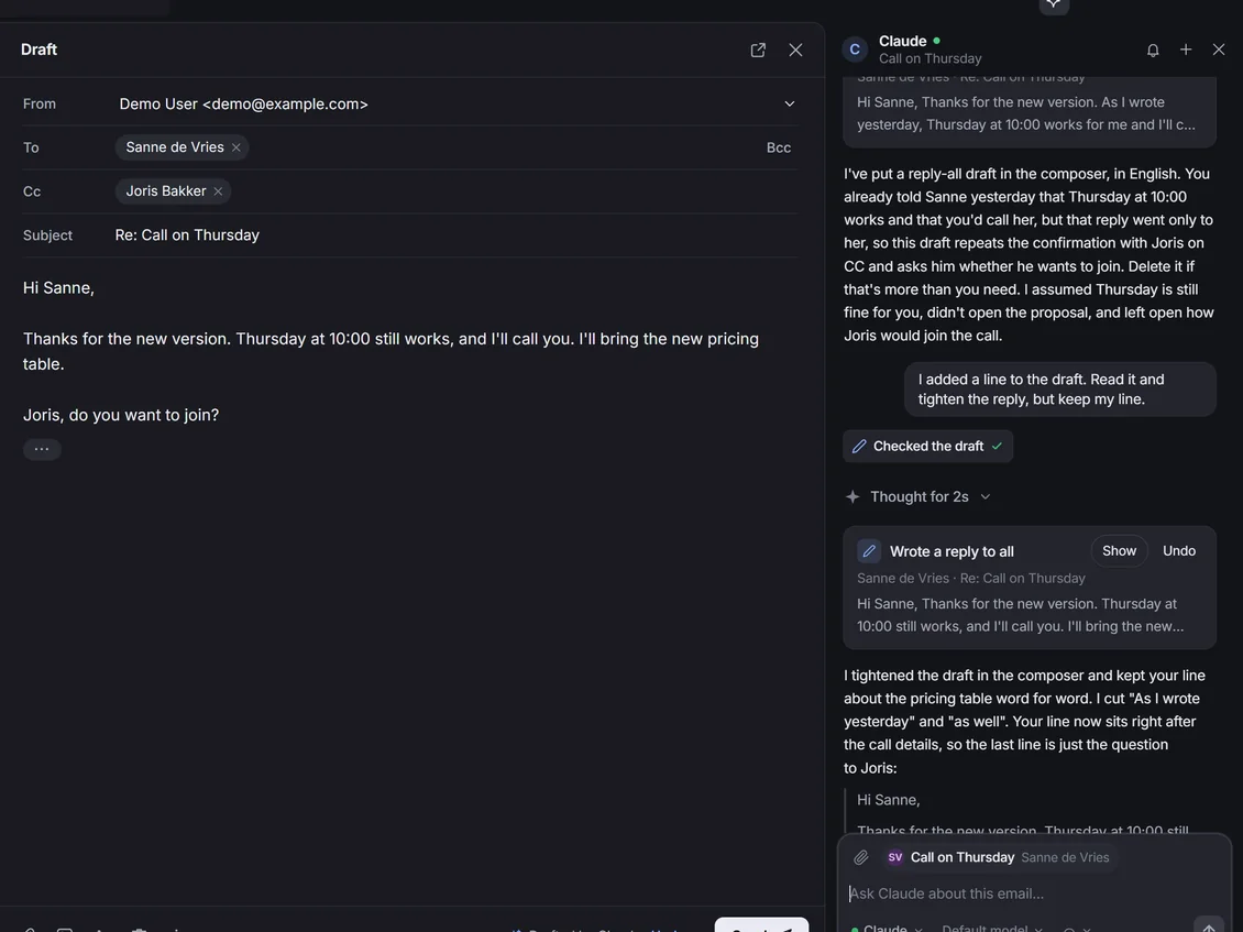 A reply to Sanne in the composer, marked Drafted by Claude, next to the chat where Claude Code checked the draft and rewrote it with Bart's own line about the pricing table.