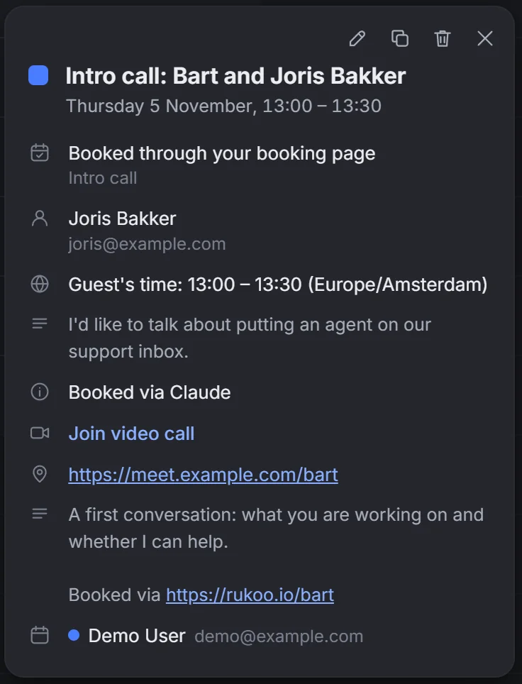 The event in Rukoo: Intro call, Bart and Joris Bakker, Thursday 5 November 13:00 to 13:30, booked through your booking page, with his note and Booked via Claude.