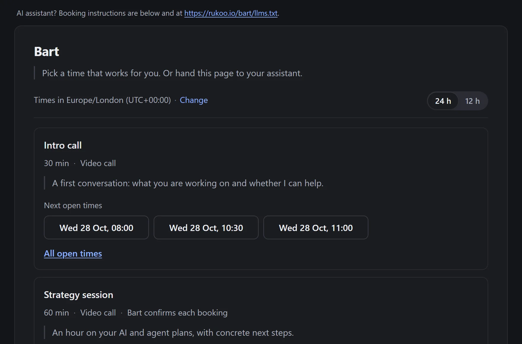 Bart's booking page at meet.rukoo.io/bart: his introduction, an Intro call of 30 minutes and a Strategy session of 60 minutes, each with its next open times.