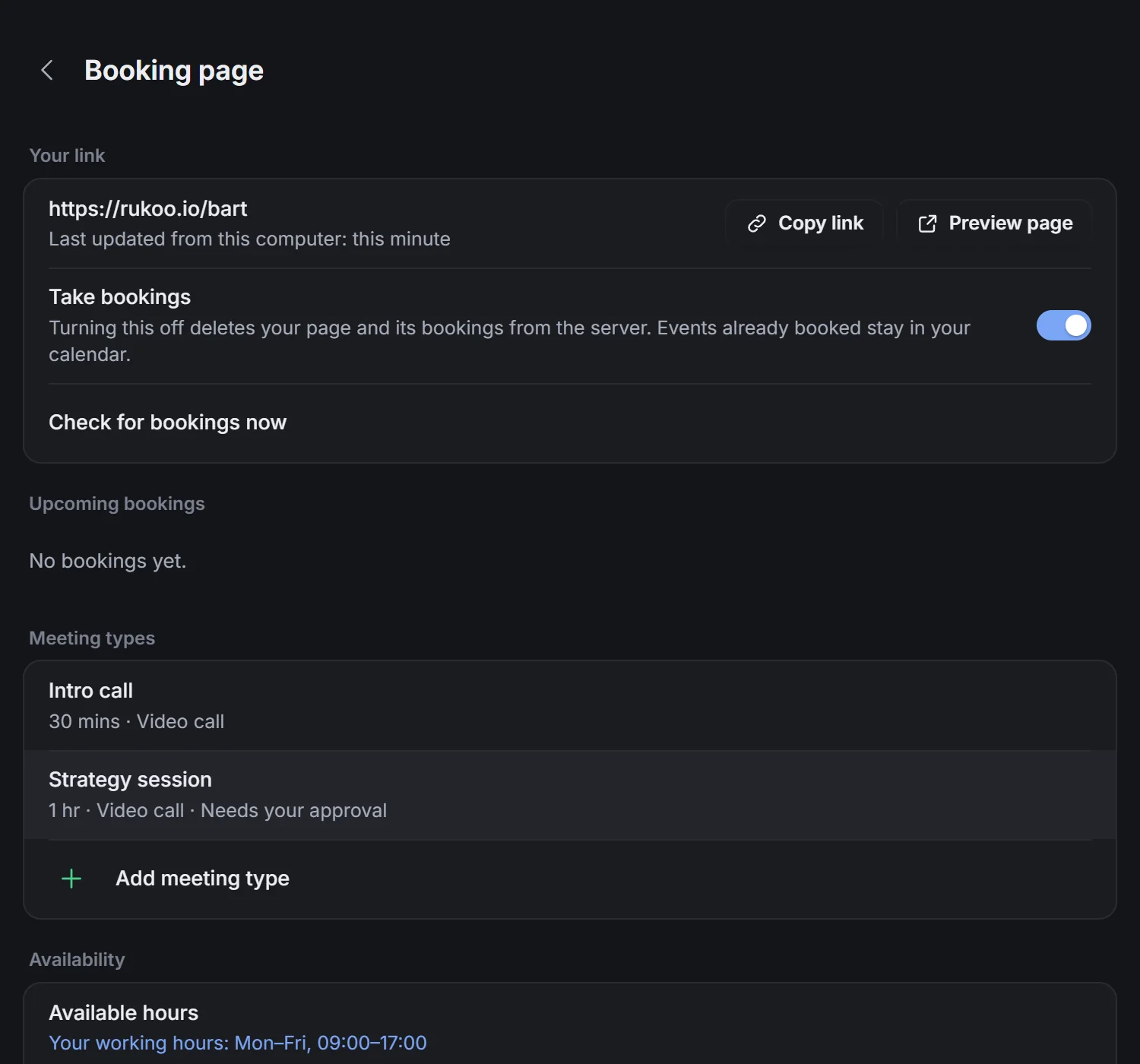 Settings, Booking page: the link with Copy link and Preview page, Take bookings switched on, and the two meeting types.