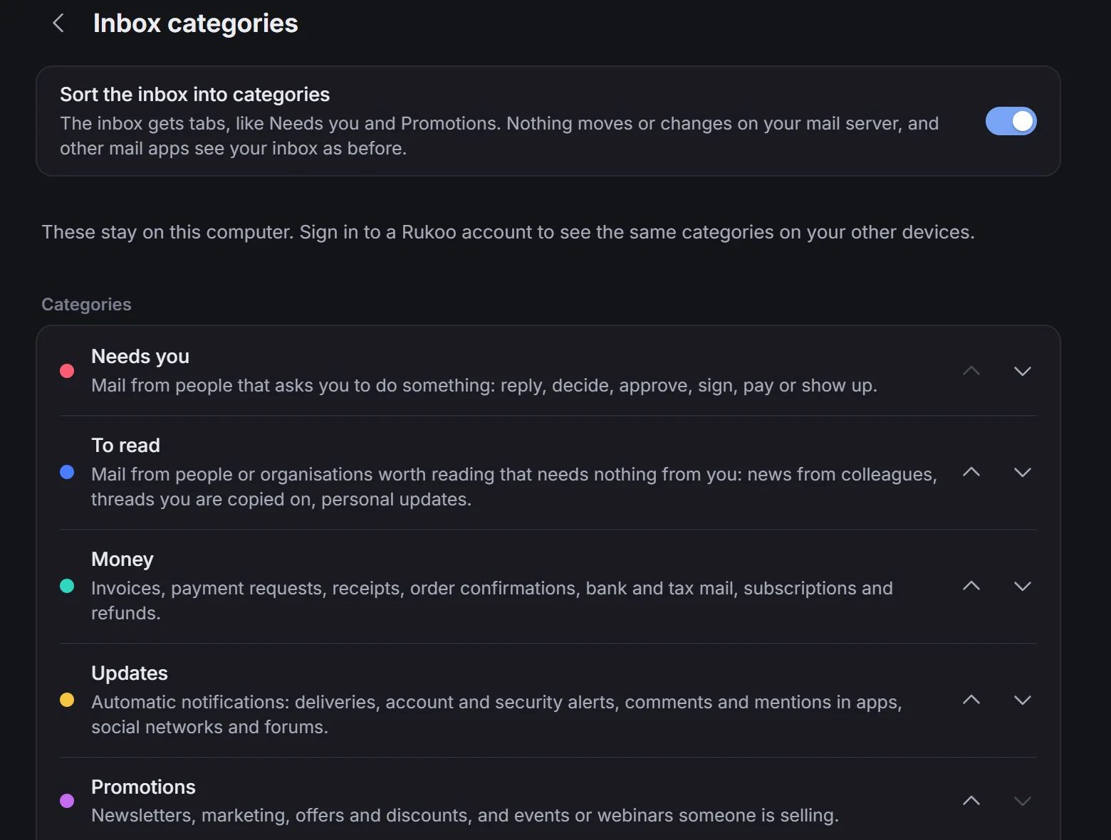 Settings, Inbox categories: each category with its description, such as Money: invoices, payment requests, receipts and order confirmations.