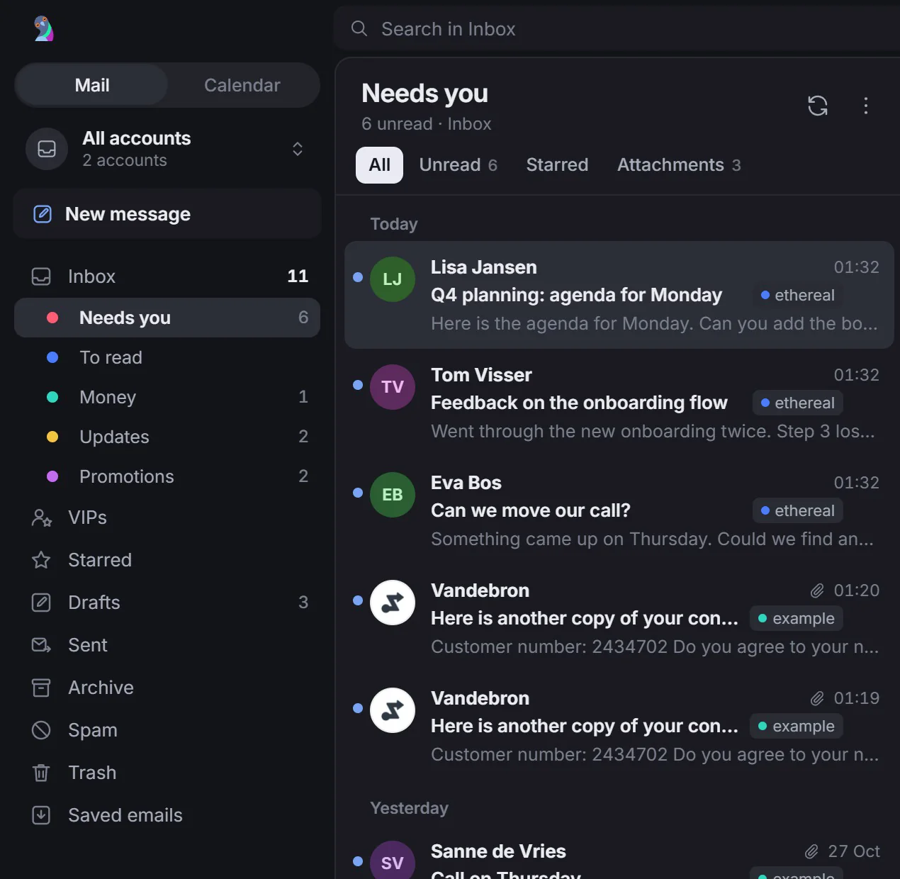 The inbox with Needs you, To read, Money, Updates and Promotions under Inbox in the sidebar, and Needs you open: mail from two accounts that asks for an answer.