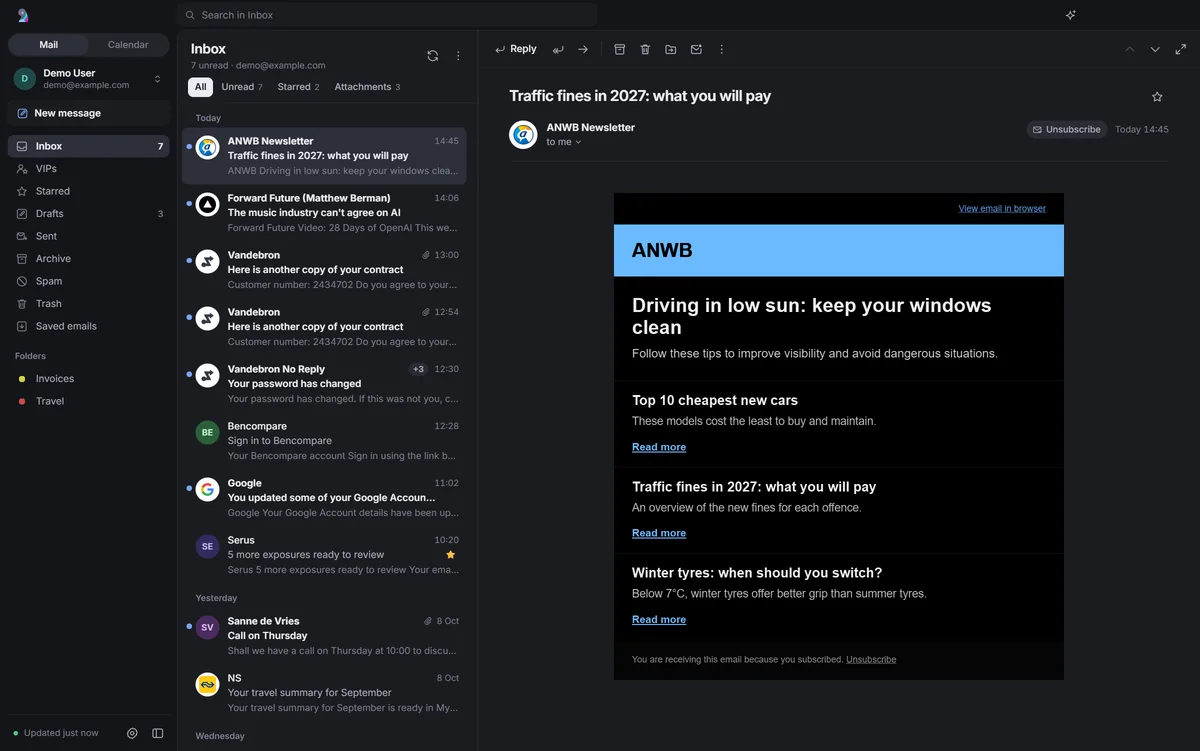 Rukoo Mail in dark mode: folders, an inbox with sender logos, and a newsletter open with an Unsubscribe button.