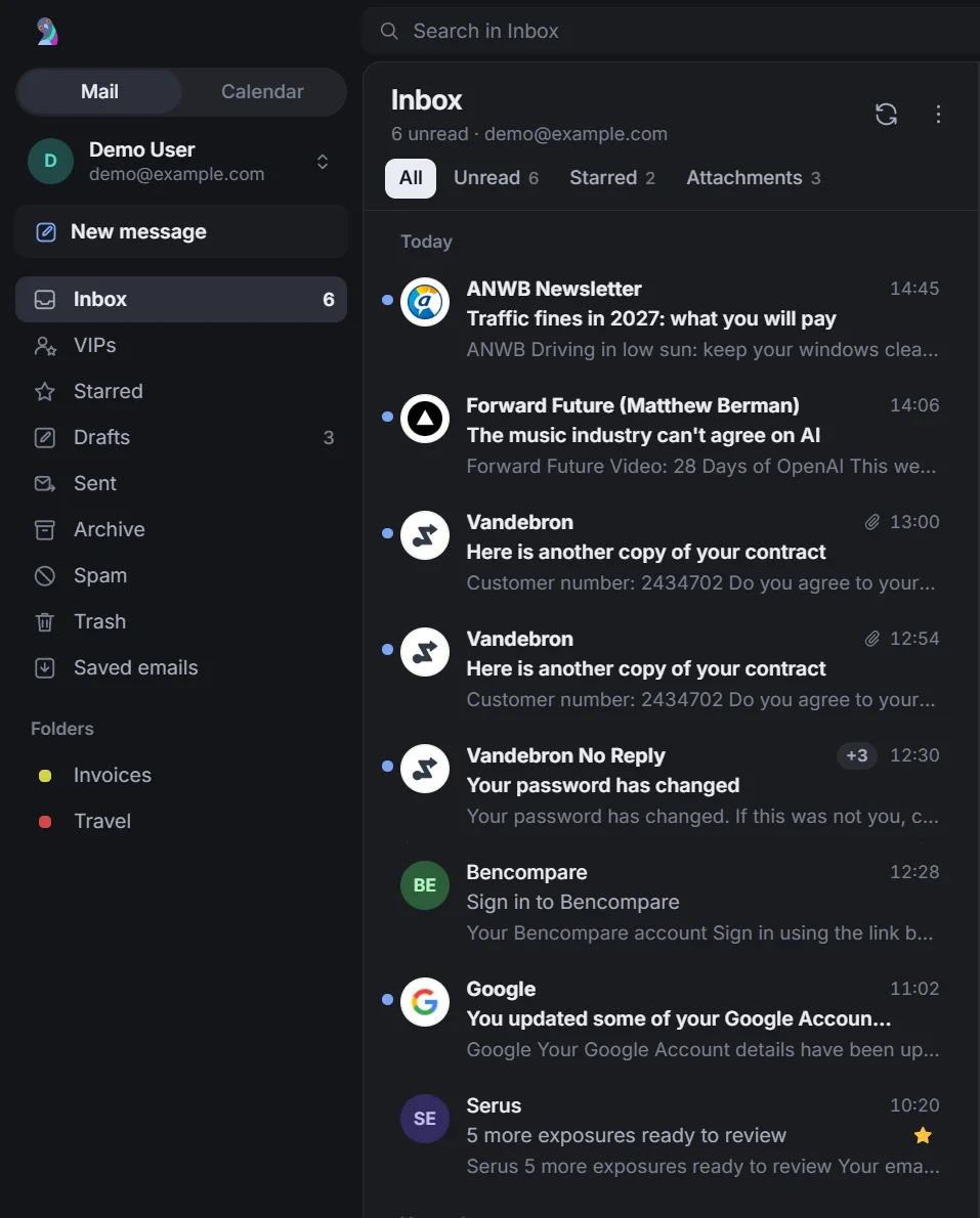Three-pane inbox with three more messages from Vandebron No Reply folded into one row marked +3.