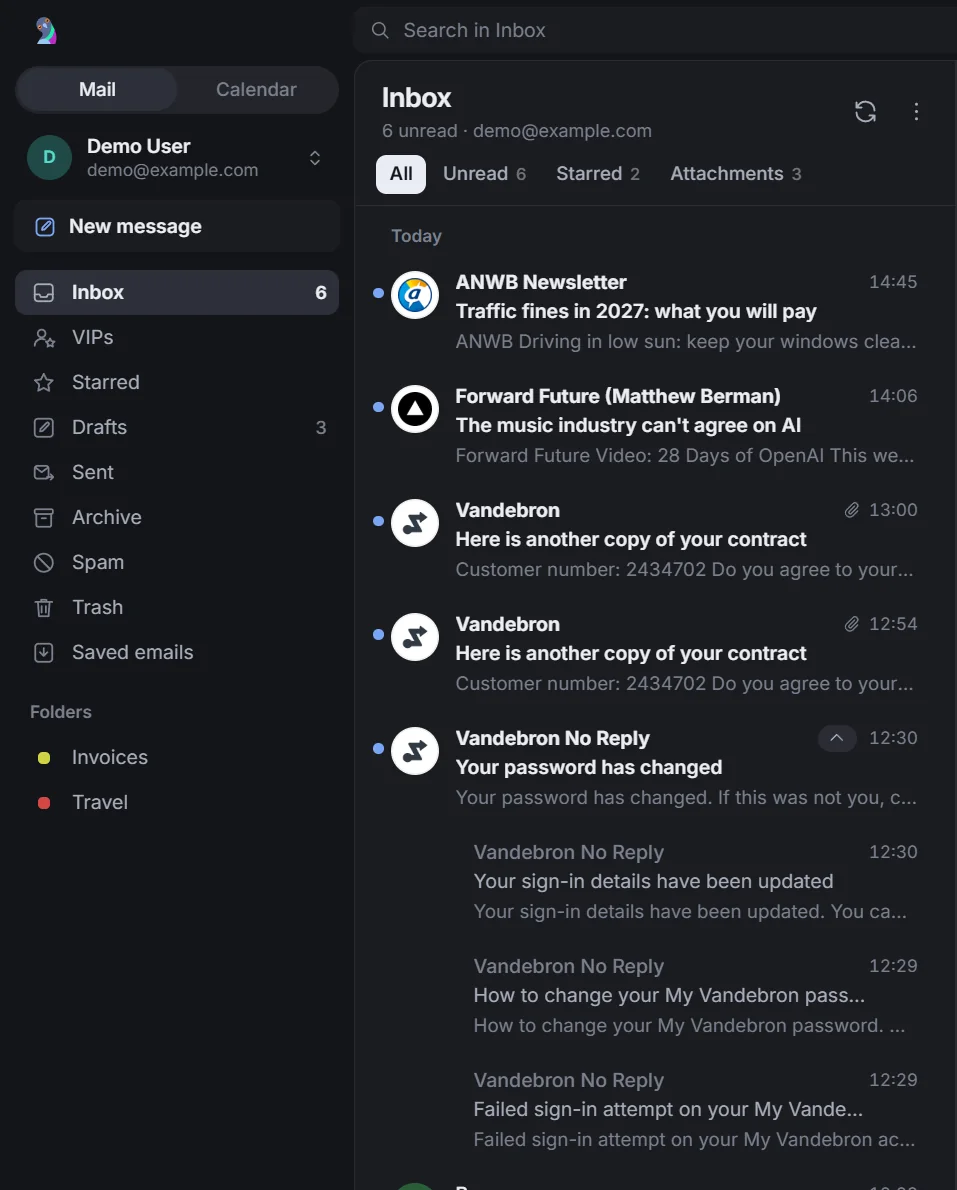 Four messages from one sender unfolded in the message list.