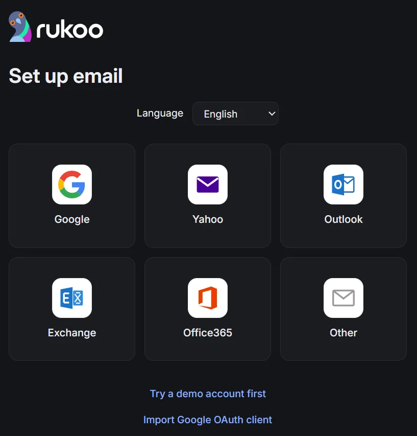Account setup with provider choices: Google, Yahoo, Outlook, Exchange, Office365 and Other.